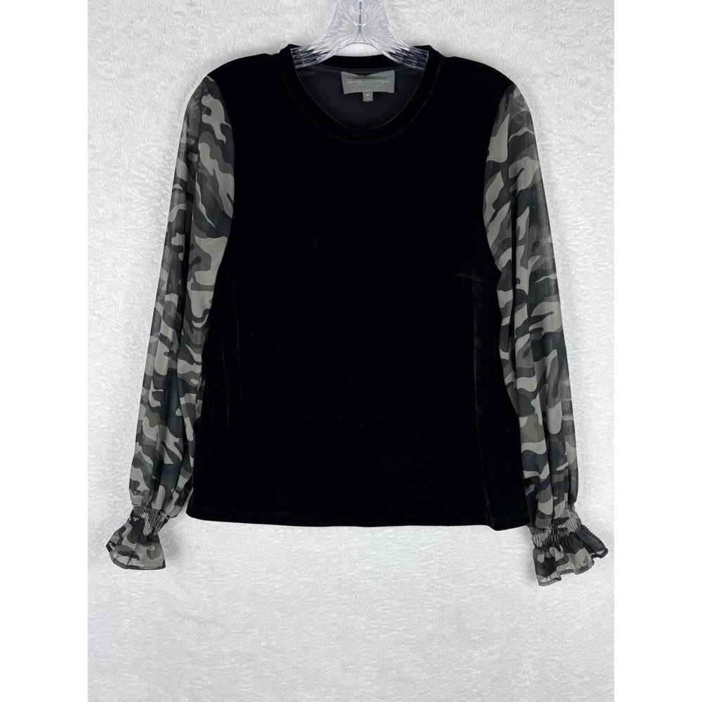 Sunday In Brooklyn Women's Black Blouse Top/Camouflage Cuffed Sleeve Size XS